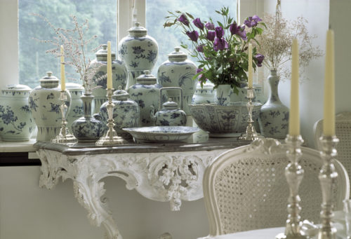 Interior view of the castle's blue-and-white dining room of pieces from the Hatcher cargo